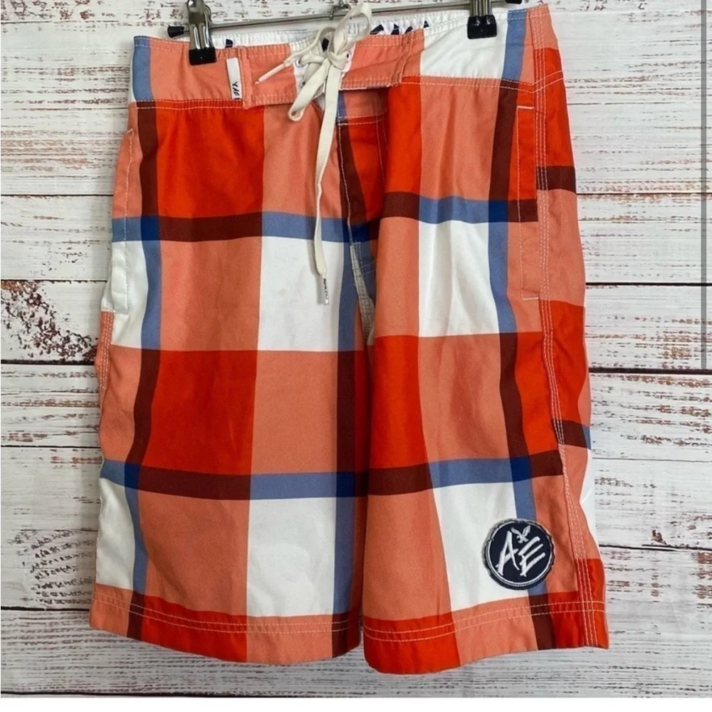 American eagle plaid orange drawstring board swimming shorts